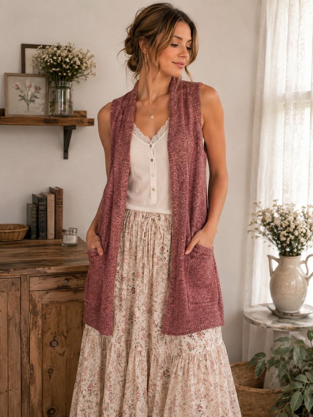 Women’s Burgundy Pink Long Knit Vest Open Front Pockets Boho M/L